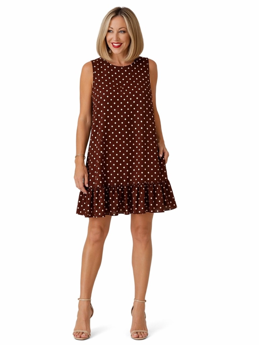 Brown Polka Dot Sleeveless Dress Ruffle Hem Size medium